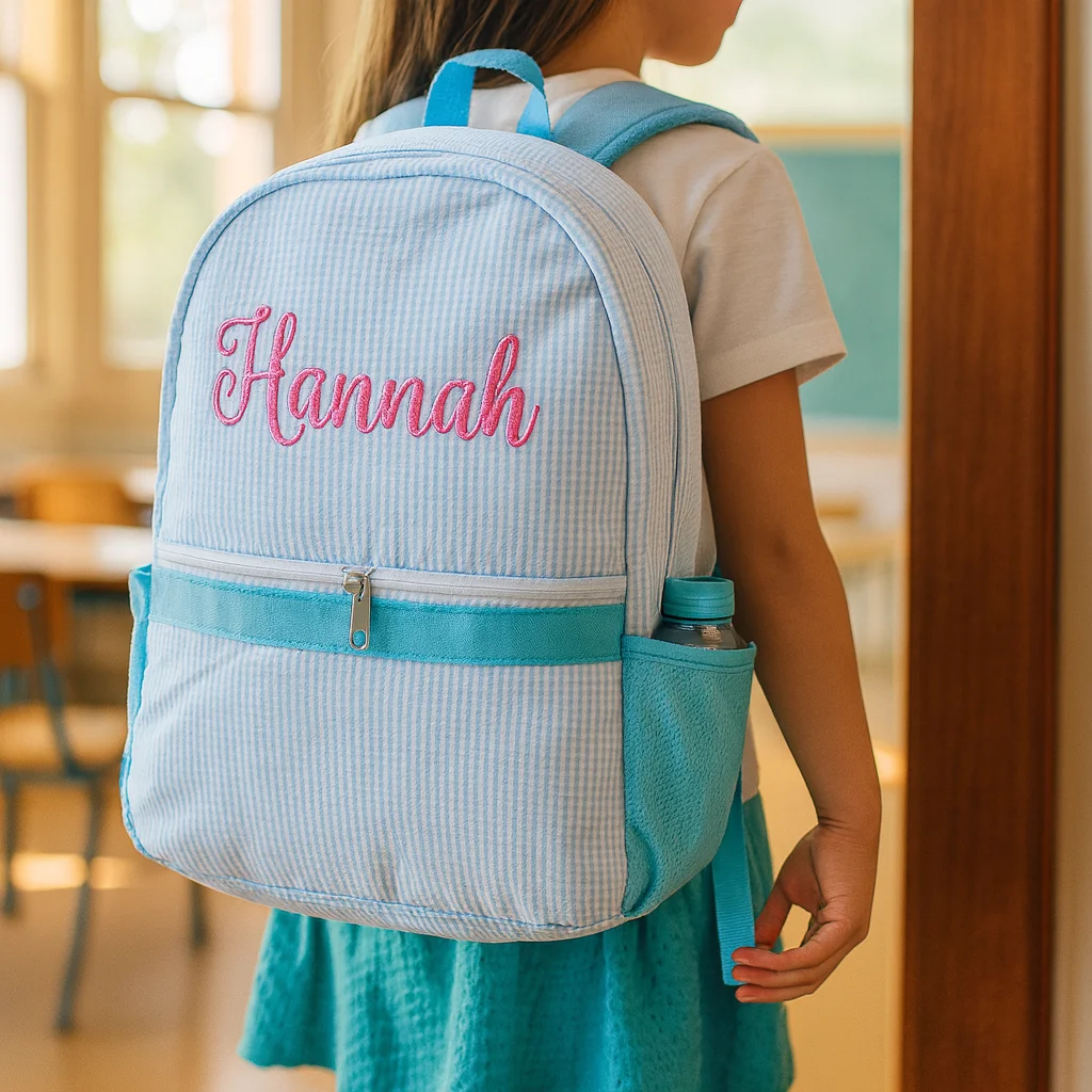 AI-generated photo of a child wearing the same backpack in a classroom