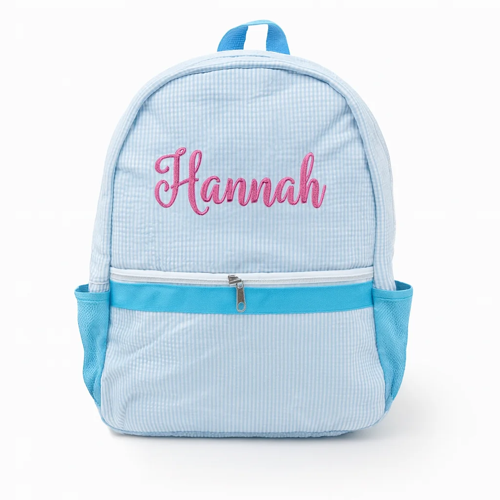 AI-generated studio shot of the same personalized backpack
